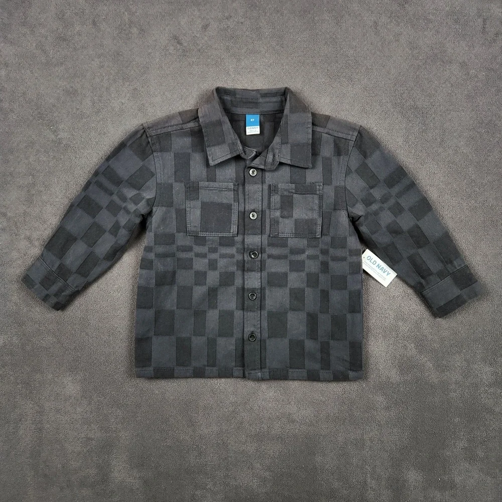 Old Navy‎ Twill Pocket Shirt Boys 3T Black Checkered Long Sleeve Button Up